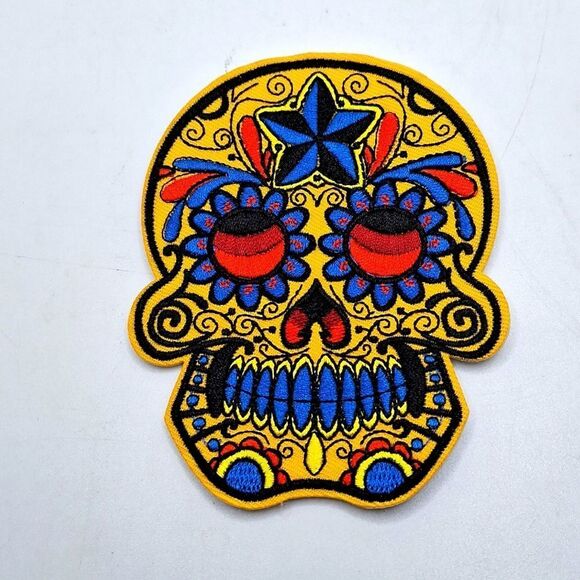 Orange-red and blue sugar skulls iron on patch dia de los muertos wearab… - Picture 1 of 3
